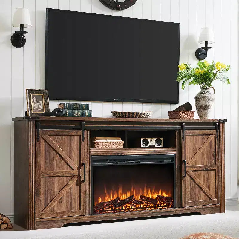Meuble TV avec cheminée pour téléviseur de 80 pouces, meuble de divertissement style ferme de 32 pouces de haut avec tiroir, console média avec porte coulissante de style grange pour salon