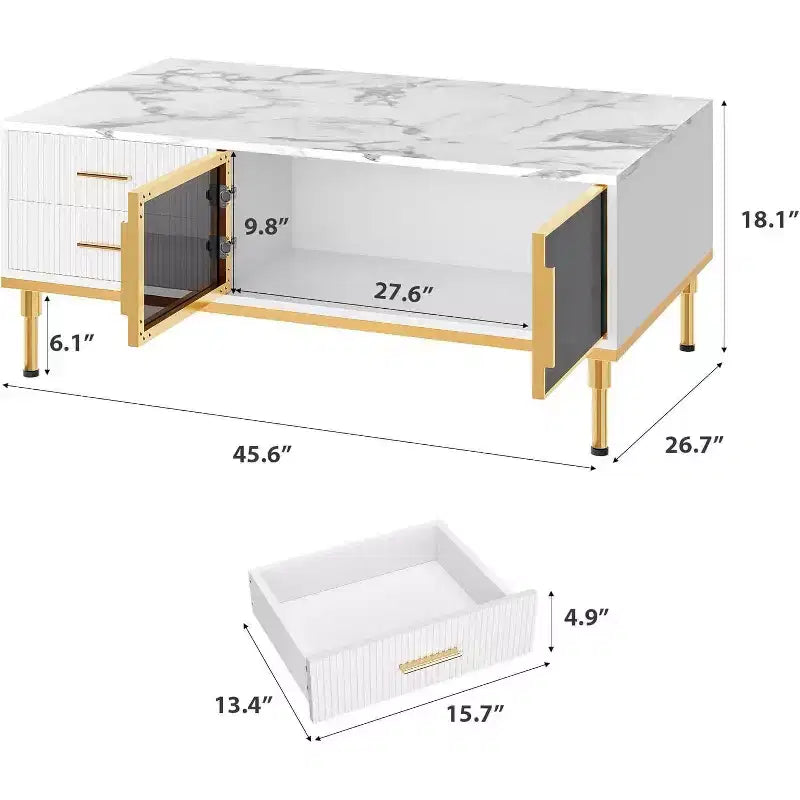 Table basse imitation marbre, table de cocktail rectangulaire cannelée avec 4 tiroirs, 4 portes en verre, table centrale moderne en bois avec pieds en métal