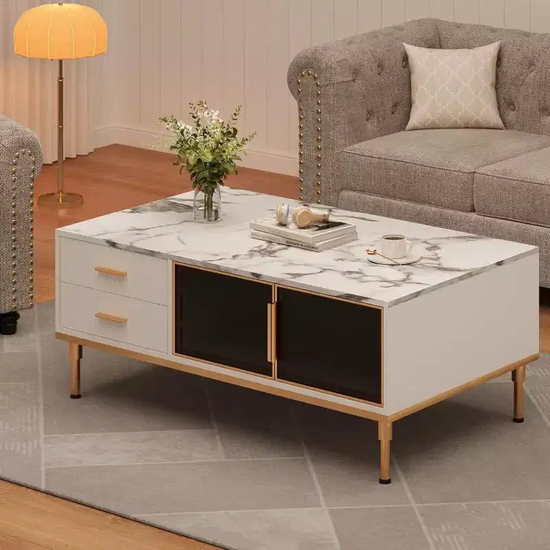 Table basse imitation marbre, table de cocktail rectangulaire cannelée avec 4 tiroirs, 4 portes en verre, table centrale moderne en bois avec pieds en métal