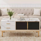 Table basse imitation marbre, table de cocktail rectangulaire cannelée avec 4 tiroirs, 4 portes en verre, table centrale moderne en bois avec pieds en métal