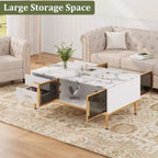 Table basse imitation marbre, table de cocktail rectangulaire cannelée avec 4 tiroirs, 4 portes en verre, table centrale moderne en bois avec pieds en métal