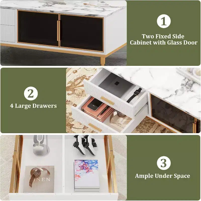 Table basse imitation marbre, table de cocktail rectangulaire cannelée avec 4 tiroirs, 4 portes en verre, table centrale moderne en bois avec pieds en métal