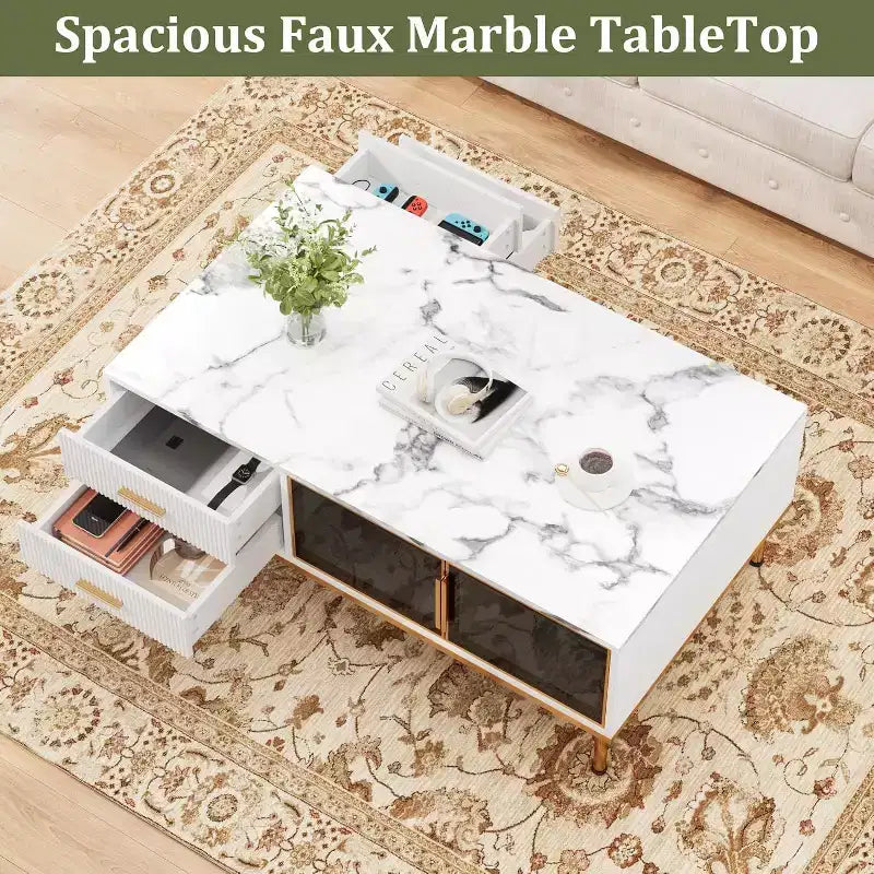 Table basse imitation marbre, table de cocktail rectangulaire cannelée avec 4 tiroirs, 4 portes en verre, table centrale moderne en bois avec pieds en métal