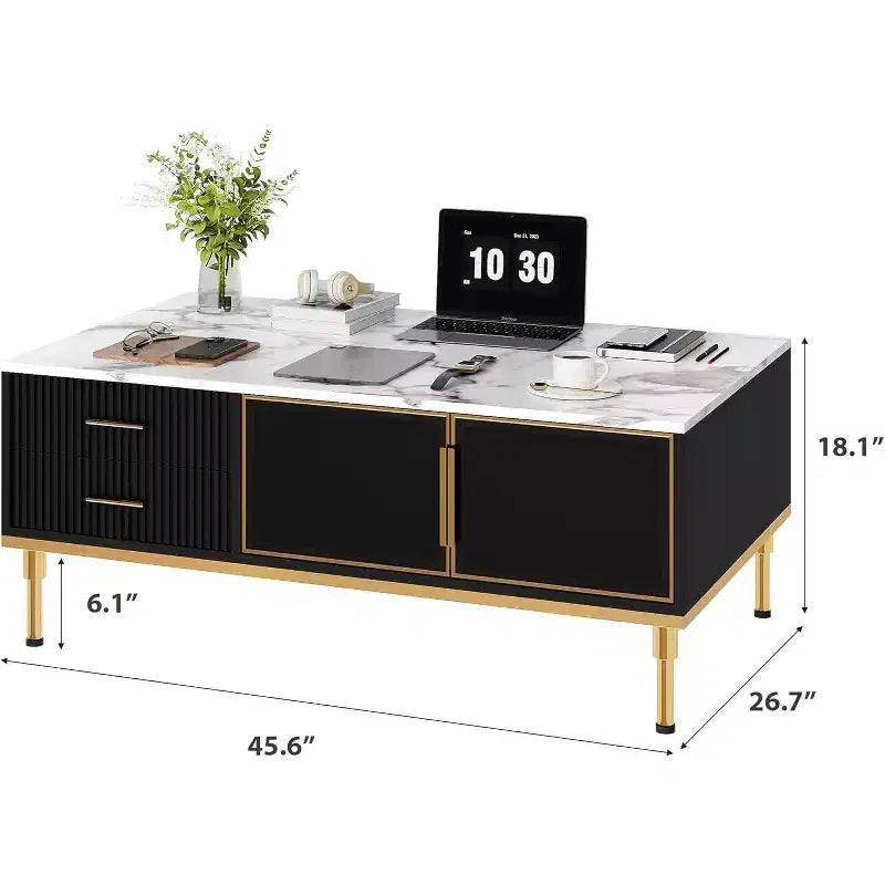 Table basse imitation marbre, table de cocktail rectangulaire cannelée avec 4 tiroirs, 4 portes en verre, table centrale moderne en bois avec pieds en métal