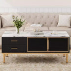 Table basse imitation marbre, table de cocktail rectangulaire cannelée avec 4 tiroirs, 4 portes en verre, table centrale moderne en bois avec pieds en métal