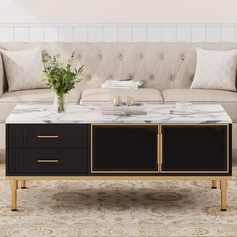 Table basse imitation marbre, table de cocktail rectangulaire cannelée avec 4 tiroirs, 4 portes en verre, table centrale moderne en bois avec pieds en métal