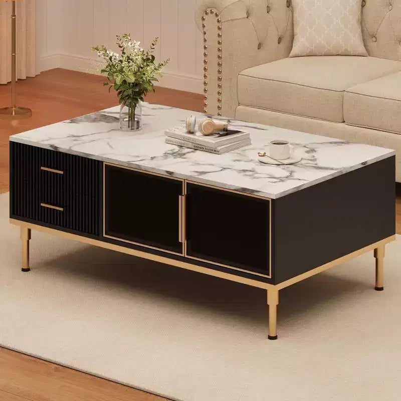 Table basse imitation marbre, table de cocktail rectangulaire cannelée avec 4 tiroirs, 4 portes en verre, table centrale moderne en bois avec pieds en métal