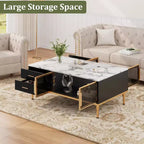 Table basse imitation marbre, table de cocktail rectangulaire cannelée avec 4 tiroirs, 4 portes en verre, table centrale moderne en bois avec pieds en métal
