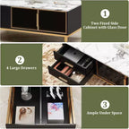 Table basse imitation marbre, table de cocktail rectangulaire cannelée avec 4 tiroirs, 4 portes en verre, table centrale moderne en bois avec pieds en métal