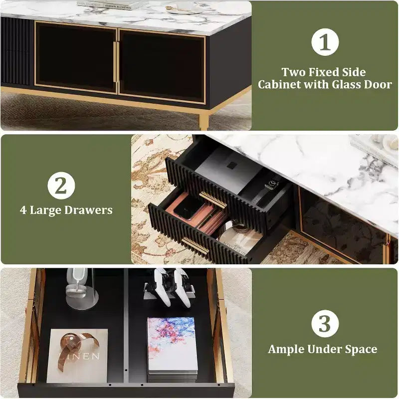 Table basse imitation marbre, table de cocktail rectangulaire cannelée avec 4 tiroirs, 4 portes en verre, table centrale moderne en bois avec pieds en métal