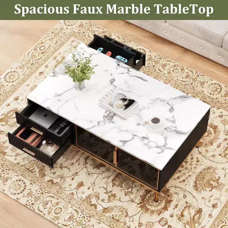 Table basse imitation marbre, table de cocktail rectangulaire cannelée avec 4 tiroirs, 4 portes en verre, table centrale moderne en bois avec pieds en métal