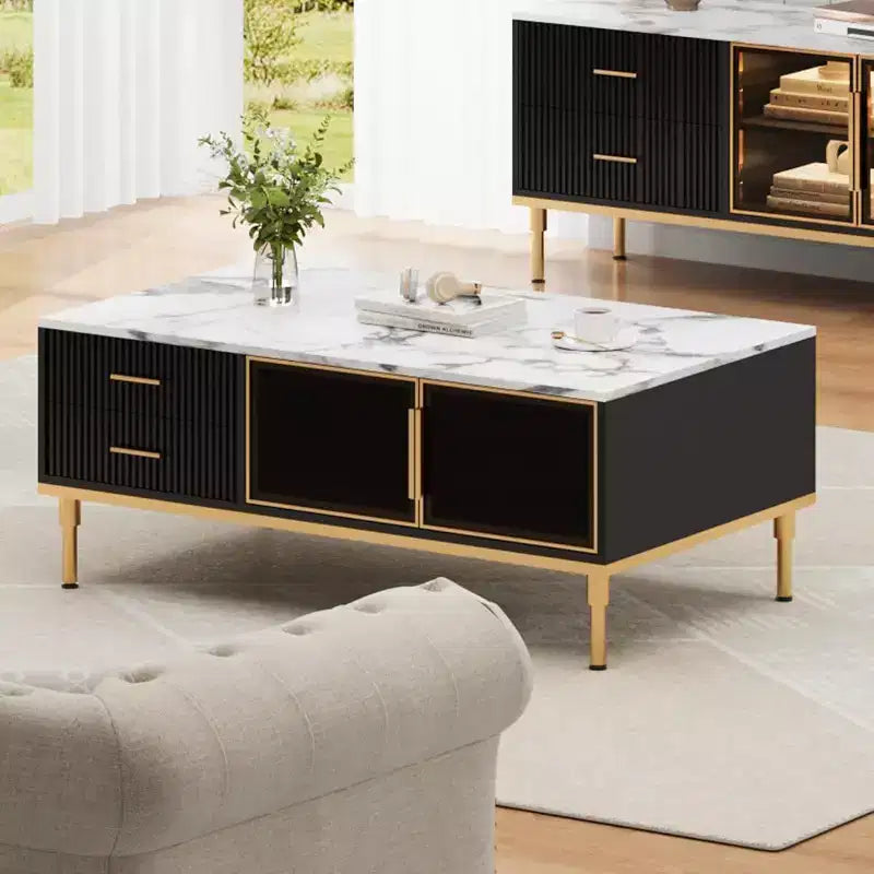 Table basse imitation marbre, table de cocktail rectangulaire cannelée avec 4 tiroirs, 4 portes en verre, table centrale moderne en bois avec pieds en métal