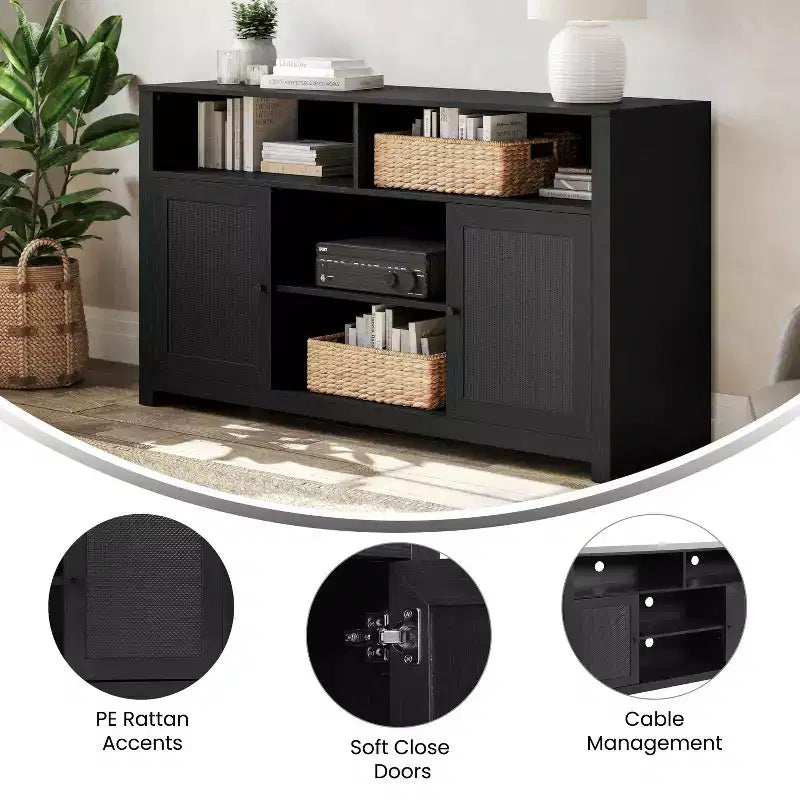 Meuble TV buffet 4 portes de style moderne du milieu du siècle de 58 po – Convient aux téléviseurs jusqu'à 65 po