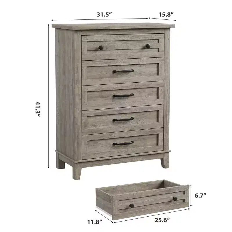 Commode haute de chambre à 5 tiroirs – Armoire de rangement en bois autoportante de 105 cm