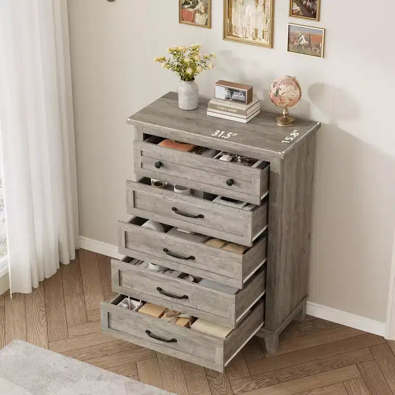 Commode haute de chambre à 5 tiroirs – Armoire de rangement en bois autoportante de 105 cm