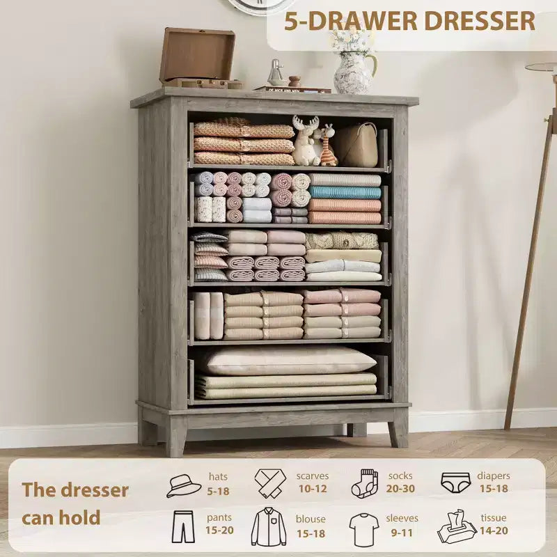 Commode haute de chambre à 5 tiroirs – Armoire de rangement en bois autoportante de 105 cm