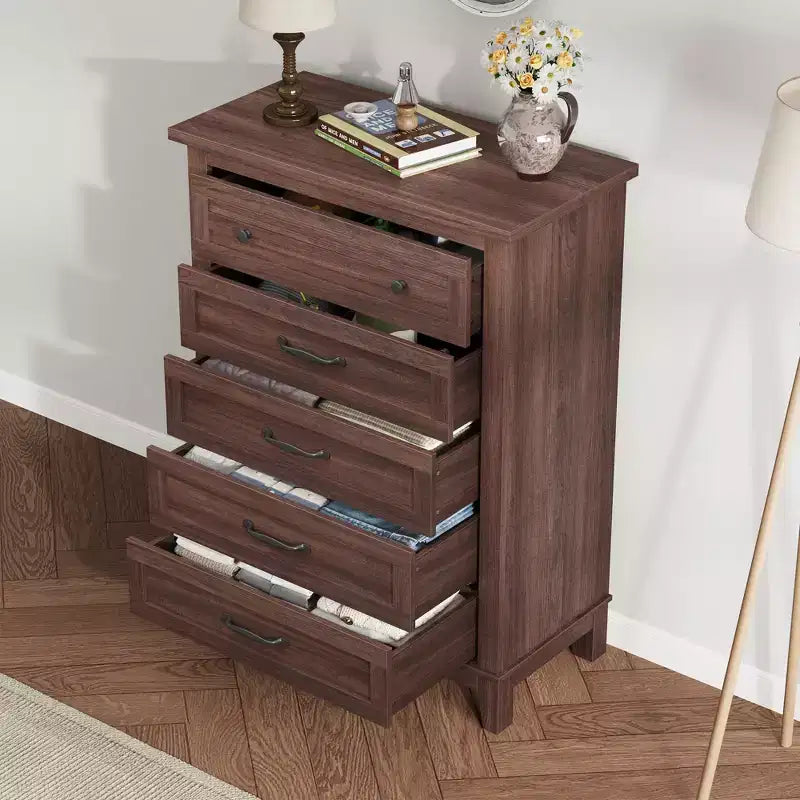 Commode haute de chambre à 5 tiroirs – Armoire de rangement en bois autoportante de 105 cm