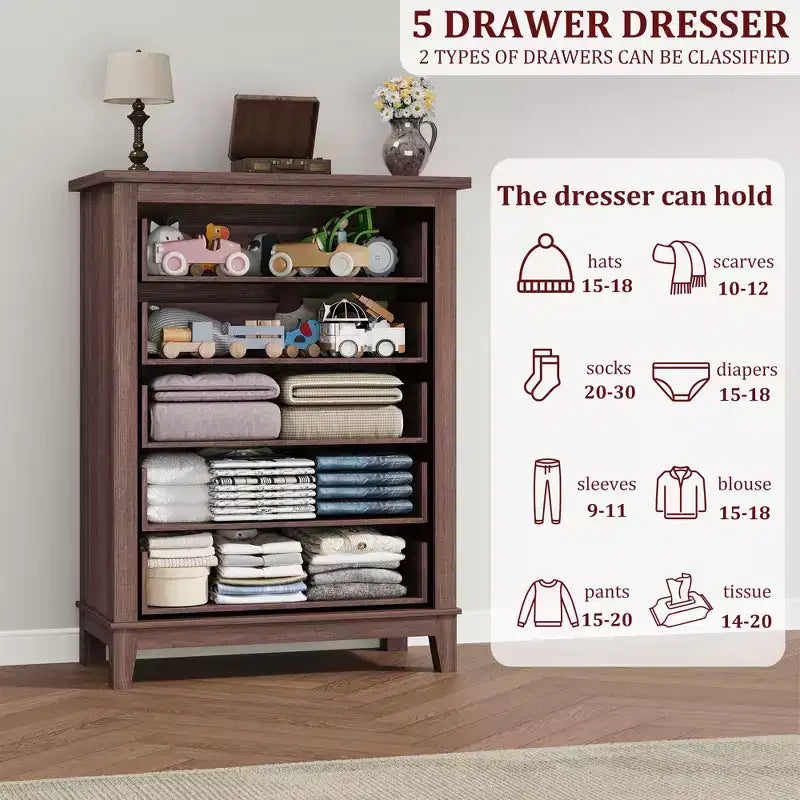 Commode haute de chambre à 5 tiroirs – Armoire de rangement en bois autoportante de 105 cm