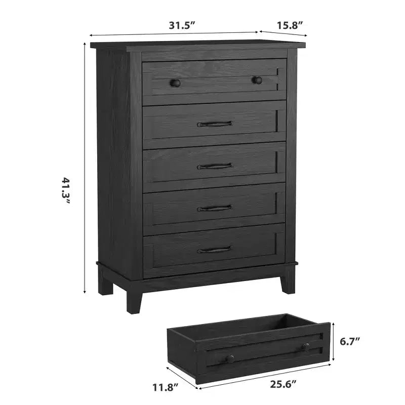 Commode haute de chambre à 5 tiroirs – Armoire de rangement en bois autoportante de 105 cm