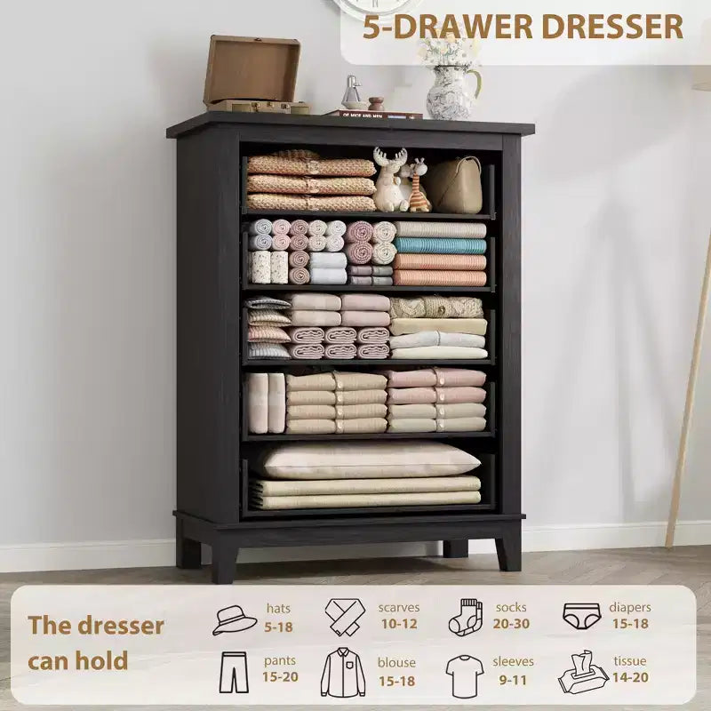 Commode haute de chambre à 5 tiroirs – Armoire de rangement en bois autoportante de 105 cm