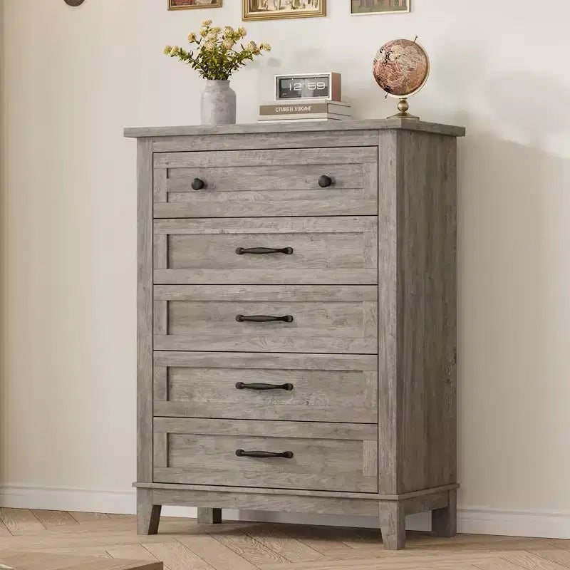 Commode haute de chambre à 5 tiroirs – Armoire de rangement en bois autoportante de 105 cm