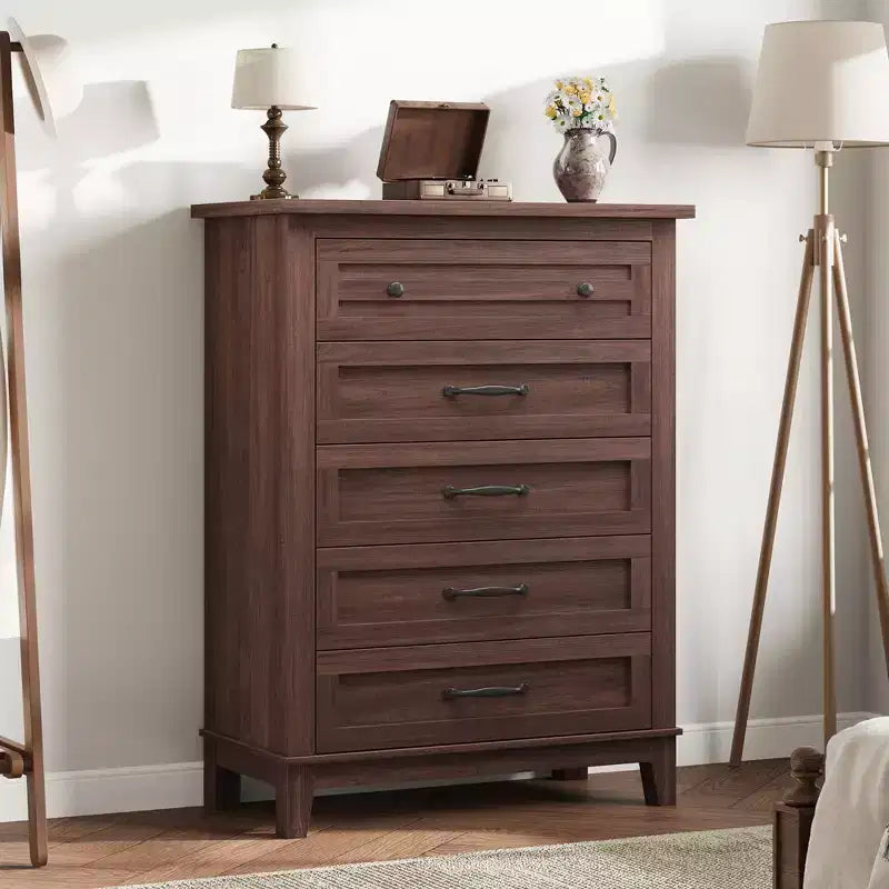 Commode haute de chambre à 5 tiroirs – Armoire de rangement en bois autoportante de 105 cm