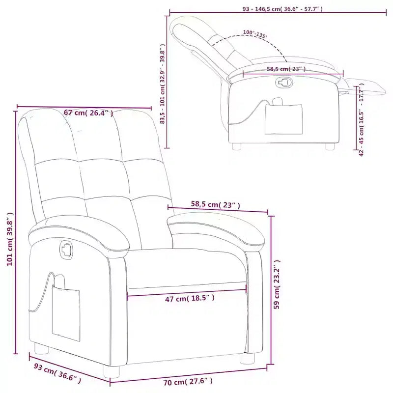 Fauteuil Inclinable de Massage en Tissu Bordeaux – 6 Points de Vibration, Inclinaison Manuelle, Pochette Latérale