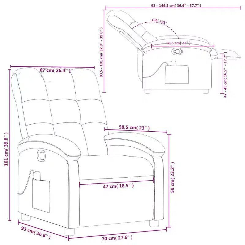 Fauteuil Inclinable de Massage en Tissu Bordeaux – 6 Points de Vibration, Inclinaison Manuelle, Pochette Latérale