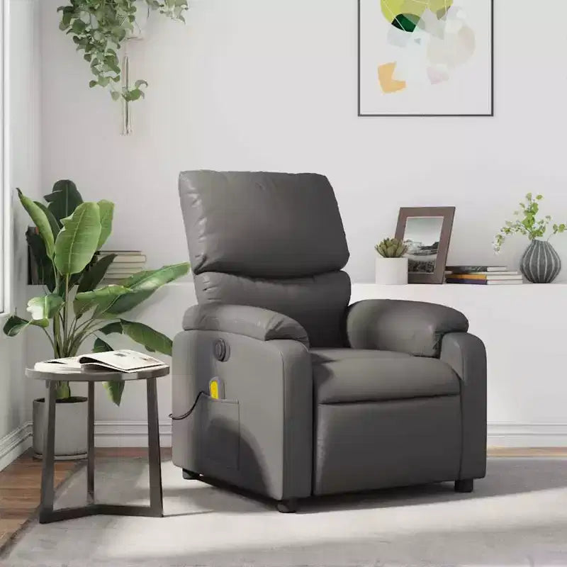 Fauteuil inclinable de massage en cuir gris – 6 points de vibration, dossier et repose-pieds réglables