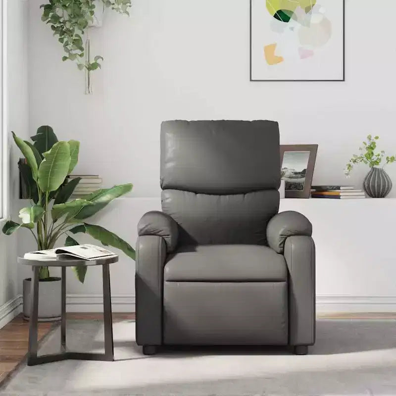Fauteuil inclinable de massage en cuir gris – 6 points de vibration, dossier et repose-pieds réglables