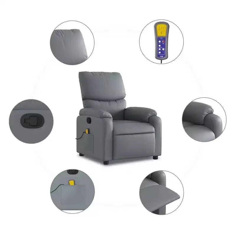 Fauteuil inclinable de massage en cuir gris – 6 points de vibration, dossier et repose-pieds réglables