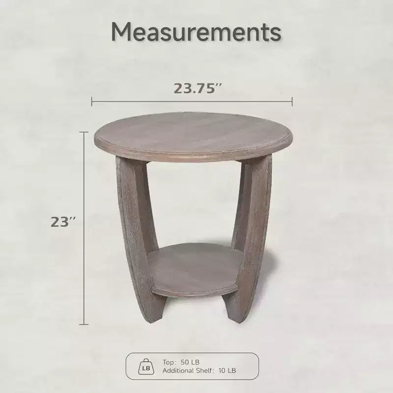 Table d'appoint ronde rustique en bois de ferme – Finition gris vintage avec étagère de rangement