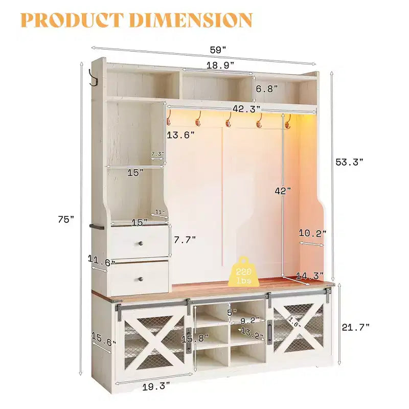 Arbre d'entrée de style campagnard 7 en 1 avec banc, meuble à chaussures, lumières LED et tiroirs