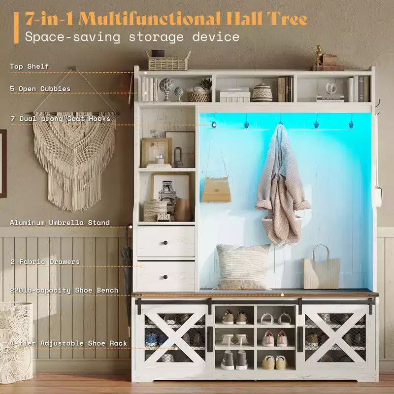Arbre d'entrée de style campagnard 7 en 1 avec banc, meuble à chaussures, lumières LED et tiroirs