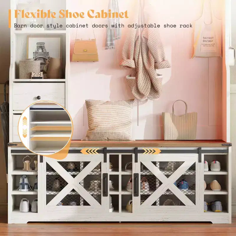 Arbre d'entrée de style campagnard 7 en 1 avec banc, meuble à chaussures, lumières LED et tiroirs