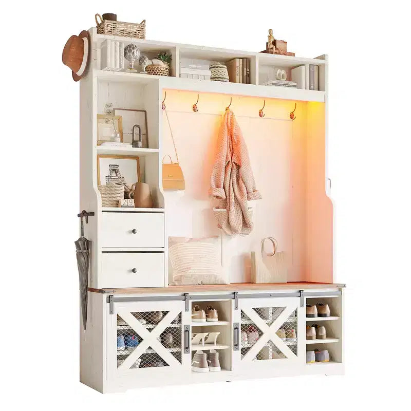 Arbre d'entrée de style campagnard 7 en 1 avec banc, meuble à chaussures, lumières LED et tiroirs