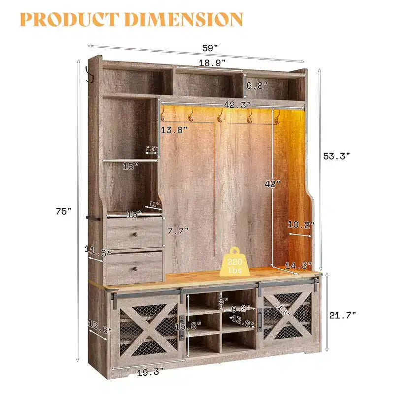 Arbre d'entrée de style campagnard 7 en 1 avec banc, meuble à chaussures, lumières LED et tiroirs