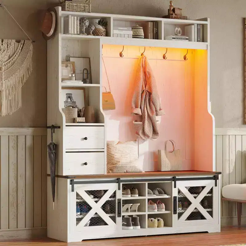 Arbre d'entrée de style campagnard 7 en 1 avec banc, meuble à chaussures, lumières LED et tiroirs