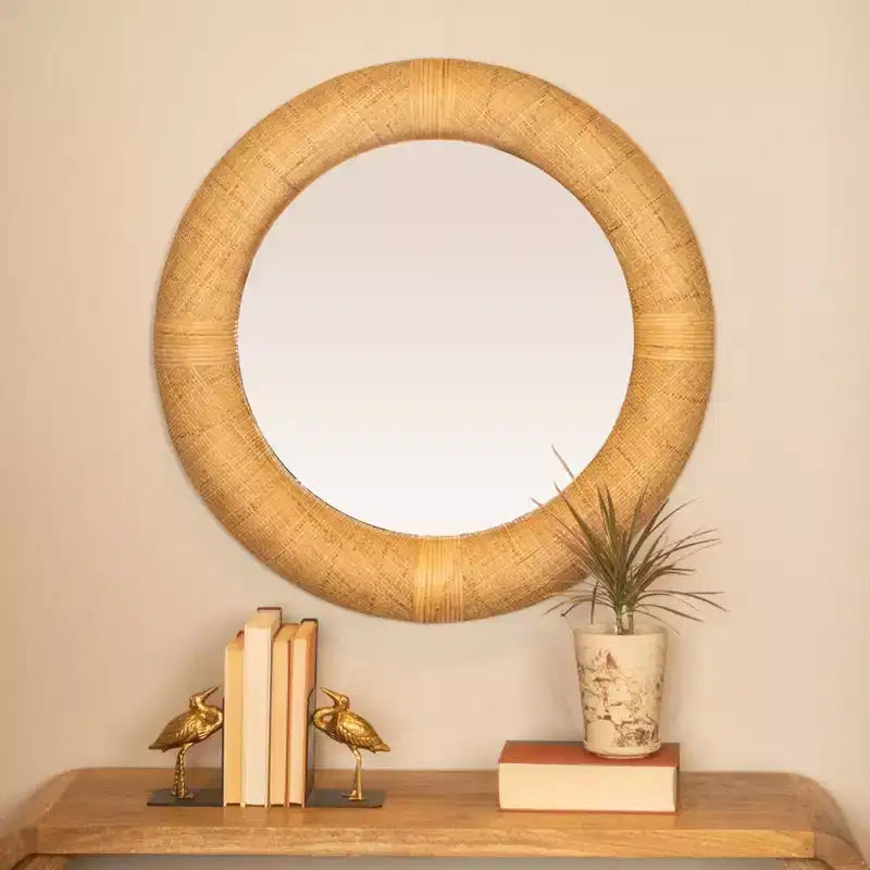 Miroir Mural Rond en Rotin Tressé Main – Décor Bohème Naturel