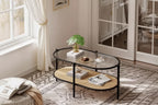 37 Oval Coffee Table with Rattan Storage Shelf, 2-Tier Metal Frame Mid Century Modern Center Tables for Living Room, Office, Small Space
