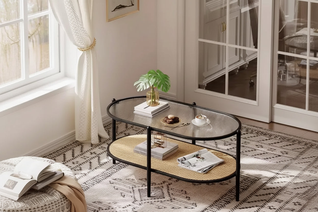 37 Oval Coffee Table with Rattan Storage Shelf, 2-Tier Metal Frame Mid Century Modern Center Tables for Living Room, Office, Small Space