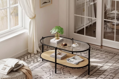 37 Oval Coffee Table with Rattan Storage Shelf, 2-Tier Metal Frame Mid Century Modern Center Tables for Living Room, Office, Small Space
