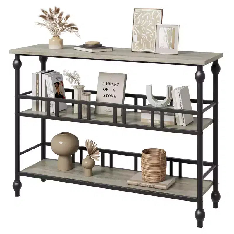 Console 43, Table d'entrée industrielle à 3 niveaux, Table de canapé étroite avec étagères
