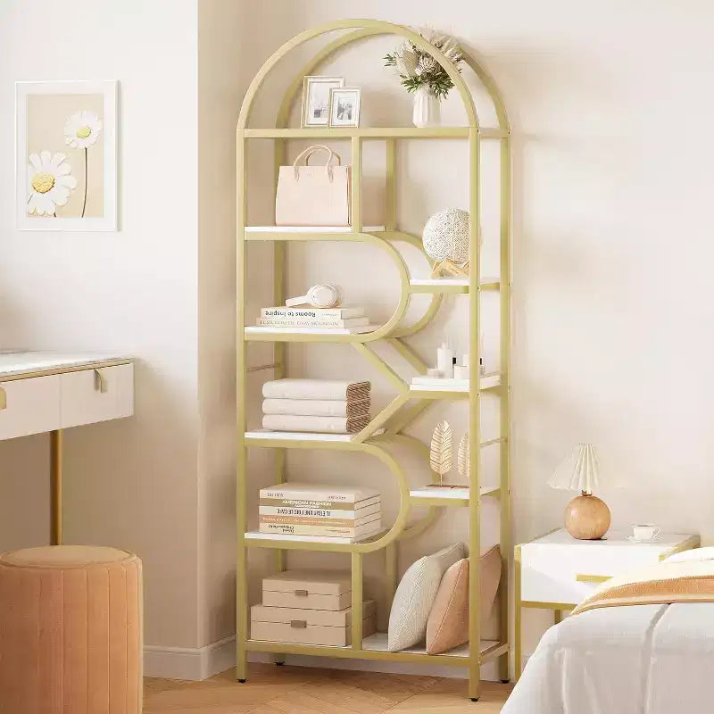 Bibliothèque arquée à 6 niveaux de 207,5 cm de haut – Étagère de rangement ouverte géométrique et étagère de présentation autoportante