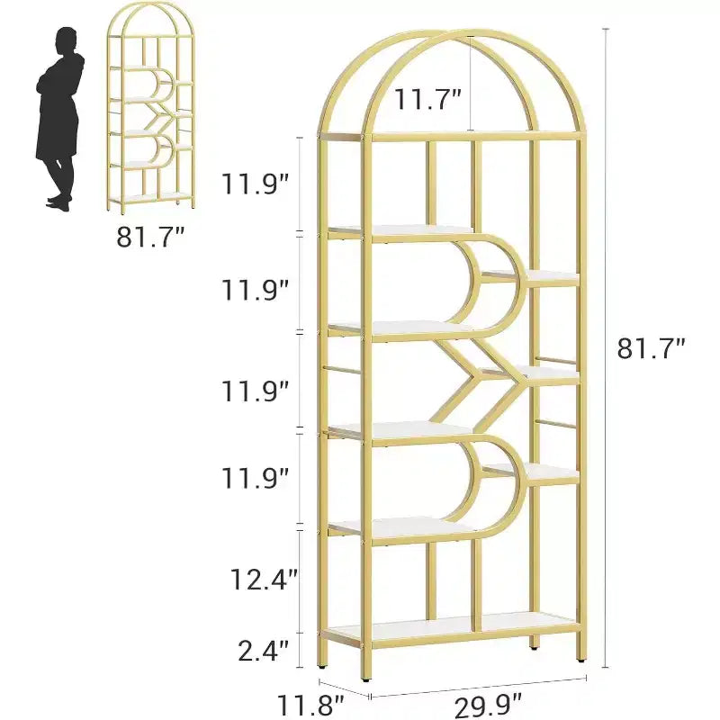 Bibliothèque arquée à 6 niveaux de 207,5 cm de haut – Étagère de rangement ouverte géométrique et étagère de présentation autoportante