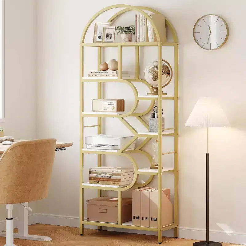 Bibliothèque arquée à 6 niveaux de 207,5 cm de haut – Étagère de rangement ouverte géométrique et étagère de présentation autoportante