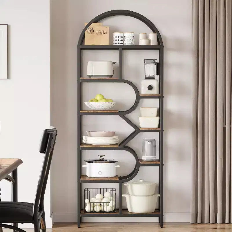 Bibliothèque arquée à 6 niveaux de 207,5 cm de haut – Étagère de rangement ouverte géométrique et étagère de présentation autoportante