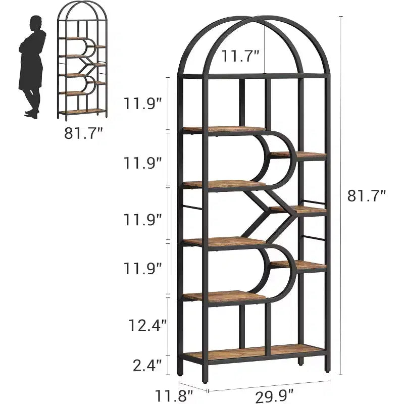 Bibliothèque arquée à 6 niveaux de 207,5 cm de haut – Étagère de rangement ouverte géométrique et étagère de présentation autoportante