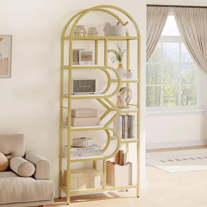 Bibliothèque arquée à 6 niveaux de 207,5 cm de haut – Étagère de rangement ouverte géométrique et étagère de présentation autoportante