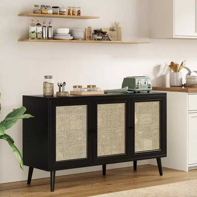 Bahut de salle à manger avec 3 portes en rotin et étagères réglables – Rangement de cuisine